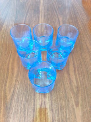 Juego 6 vasos vidrio azul vintage
