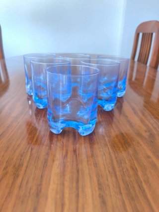 Juego 6 vasos vidrio azul vintage