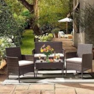 Conjunto jardín 4 piezas mimbre y tela