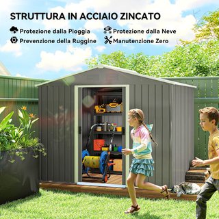 Capanno da Giardino 3,6M² in Acciaio Zincato con Uscite d'Aria, Capanno da Giardino con Tetto Inclinato, Doppie Porte Scorrevoli Bloccabili, Capanno per Attrezzi, 236X174X190Cm, Grigio
