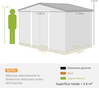 Capanno da Giardino 3,6M² in Acciaio Zincato con Uscite d'Aria, Capanno da Giardino con Tetto Inclinato, Doppie Porte Scorrevoli Bloccabili, Capanno per Attrezzi, 236X174X190Cm, Grigio