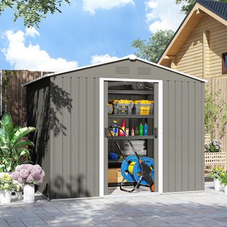 Capanno da Giardino 3,6M² in Acciaio Zincato con Uscite d'Aria, Capanno da Giardino con Tetto Inclinato, Doppie Porte Scorrevoli Bloccabili, Capanno per Attrezzi, 236X174X190Cm, Grigio