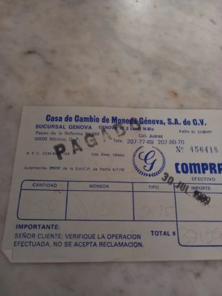 Ricevuta cambio valuta Messico 1989