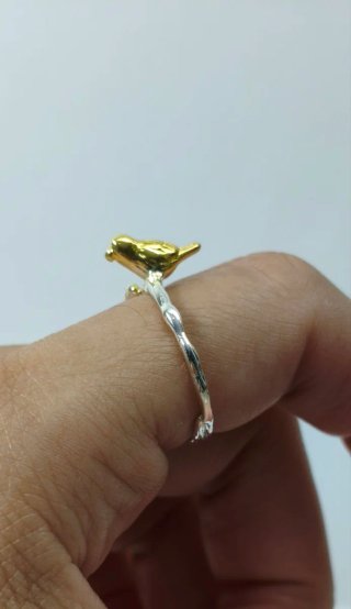 Anillo Plata Pajarito Dorado