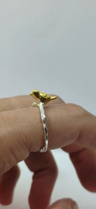 Anillo Plata Pajarito Dorado