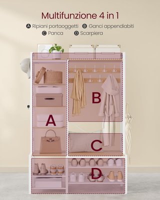 Perchero de Entrada con Banco Zapatero y 5 Estantes de Almacenamiento, 9 Ganchos de Percha y 6 Ganchos Laterales, 40 x 120 x 190 cm, Roble Dorado y Blanco Nube HSR426Y01
