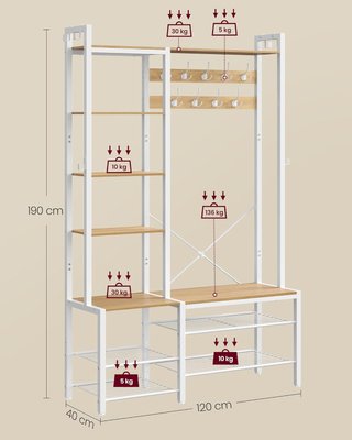 Perchero de Entrada con Banco Zapatero y 5 Estantes de Almacenamiento, 9 Ganchos de Percha y 6 Ganchos Laterales, 40 x 120 x 190 cm, Roble Dorado y Blanco Nube HSR426Y01