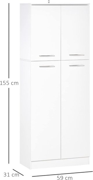 Credenza da Cucina, Mobile Dispensa con 2 Armadi, Mobile Cucina con Ripiani Regolabili in MDF, per Sala da Pranzo, Soggiorno, Salone, 59X31X155 Cm, Bianco