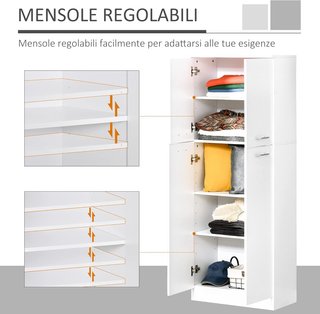 Credenza da Cucina, Mobile Dispensa con 2 Armadi, Mobile Cucina con Ripiani Regolabili in MDF, per Sala da Pranzo, Soggiorno, Salone, 59X31X155 Cm, Bianco