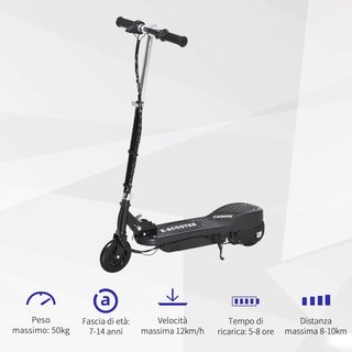 Patinete Eléctrico Plegable para Niños de 120W, Velocidad Máx 12Km/H y Capacidad 50Kg, 74X36X69-91 Cm, Negro