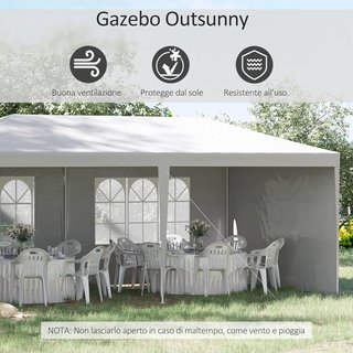 Gazebo da Giardino 6x3 M con Fori di Drenaggio, Pareti Rimuovibili e Finestre, Gazebo Esterno in Acciaio e PE, Protezione UV, per Giardino, Feste, Campeggio, Matrimoni e Mercati, Bianco