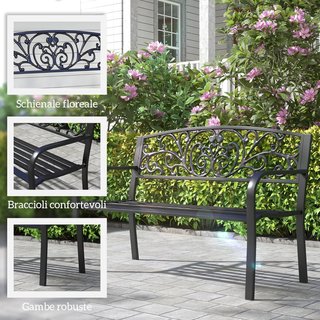 Banco de Jardín de Hierro Fundido y Metal, Banco de Jardín para 2 Personas con Respaldo Alto Decorado, 127X60X89Cm, Negro