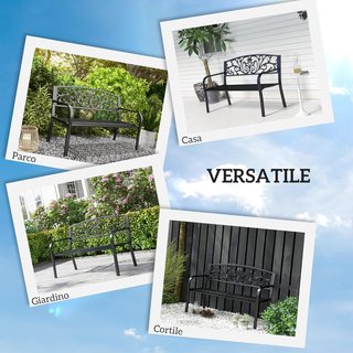 Banco de Jardín de Hierro Fundido y Metal, Banco de Jardín para 2 Personas con Respaldo Alto Decorado, 127X60X89Cm, Negro
