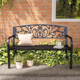 Banco de Jardín de Hierro Fundido y Metal, Banco de Jardín para 2 Personas con Respaldo Alto Decorado, 127X60X89Cm, Negro