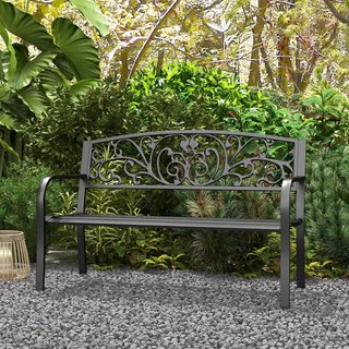 Banco de Jardín de Hierro Fundido y Metal, Banco de Jardín para 2 Personas con Respaldo Alto Decorado, 127X60X89Cm, Negro