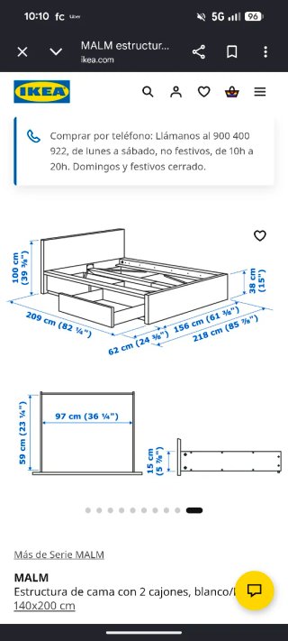 Cama Malm Ikea 140x200 con cajones