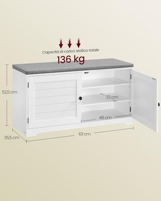 Banco Zapatero de 3 Niveles, Banco Contenedor con Puertas y Cojín, Estantes Regulables, 35,5 X 101 X 52,5 Cm, para Entrada, Dormitorio, Blanco Nube y Gris Tortora LSB044W01