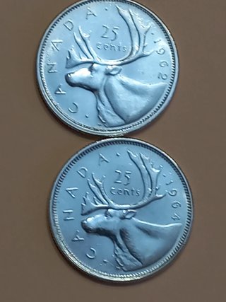 Monete da 25 centesimi del Canada 1962 e 1964