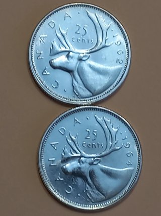 Monete da 25 centesimi del Canada 1962 e 1964