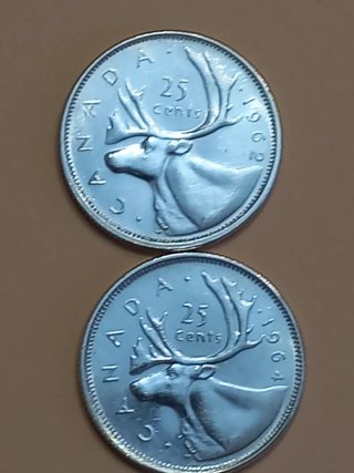 Monete da 25 centesimi del Canada 1962 e 1964
