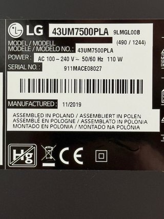 Televisor LG Smart Tv 43 pulgadas, mod 43UM7500PLA