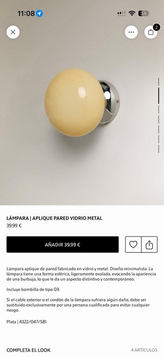 Lámpara aplique pared vidrio metal