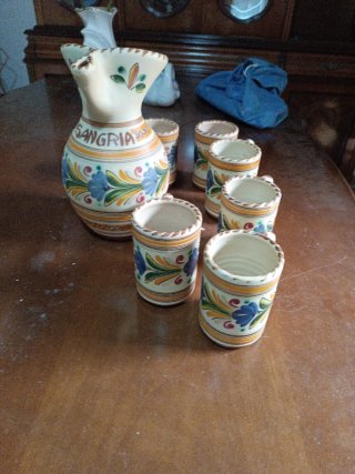 Jarra y 6 Vasos Cerámica Decorada