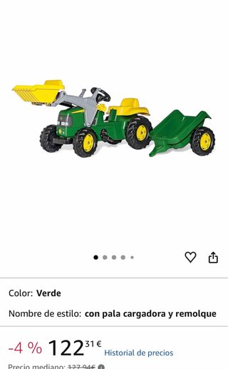 Tractor a pedales verde con pala y remolque