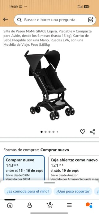 Cochecito MoMi ligero plegable negro