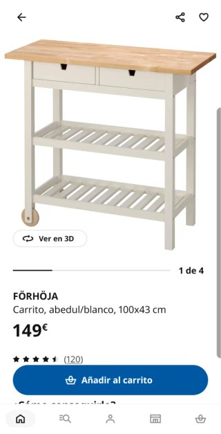 Isla de cocina de madera, con 2 cajones y ruedas.