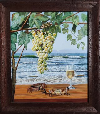 Cuadro óleo surrealista, mezcla el mar y el campo