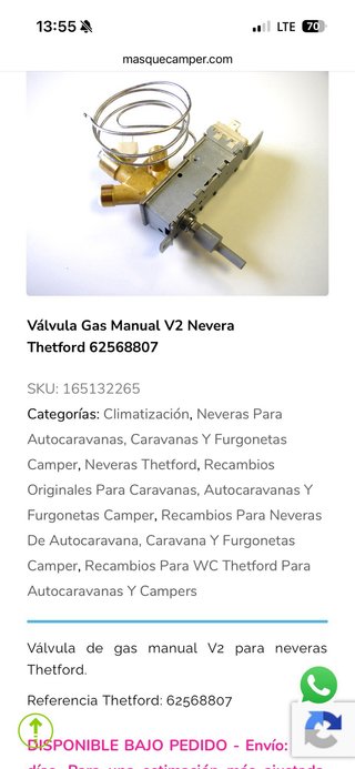 Válvula Gas Thetford Frigorífico Autocaravana