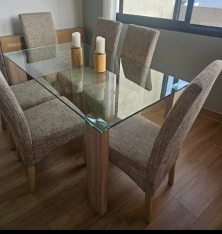 Mesa cristal y madera + 6 sillas