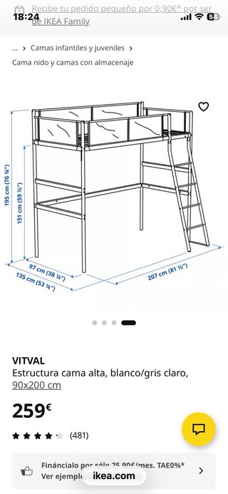 Litera alta IKEA VITVAL 90x200 cm