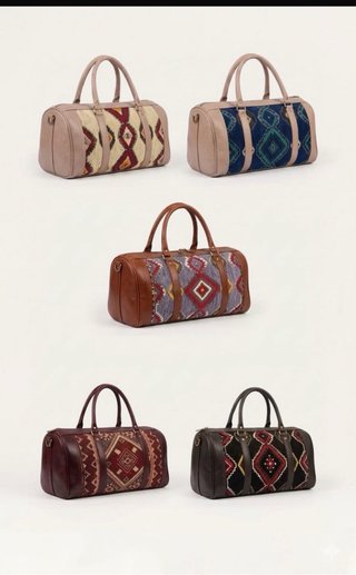 Bolso Cuero y Tela Artesanal Beige Multicolor