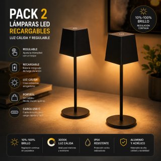Pack 2 Lámparas LED Recargables USB-C Regulables