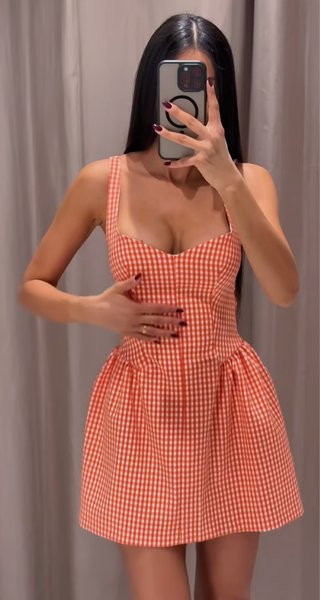 Vestido corte princesa cuadros naranja