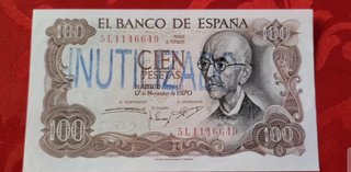 T. 100 Pesetas España 1970 reselllo INUTILIZADO