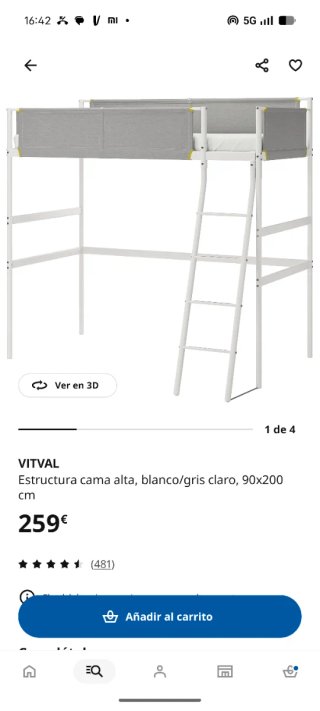 Litera VITVAL Ikea 90x200 Blanca/Gris