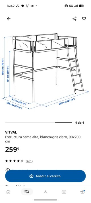 Litera VITVAL Ikea 90x200 Blanca/Gris