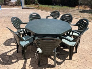 Mesa y 8 Sillas Exterior Plástico para sombrillas