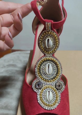 Sandalias Buonarroti Mujer Tacon Cuña Dorado Rojo