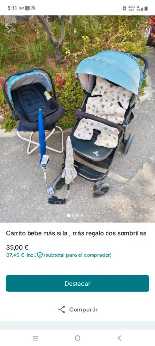 Carrito bebé + silla + 2 sombrillas