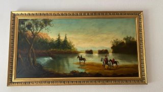 Cuadro antiguo paisaje río caballos