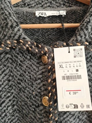 Cárdigan Zara gris jaspeado detalles dorados T-XL