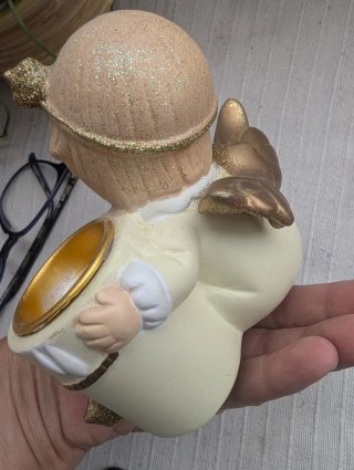 Castiçal Anjo Natal Cerâmica Dourado