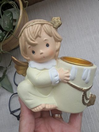 Castiçal Anjo Natal Cerâmica Dourado