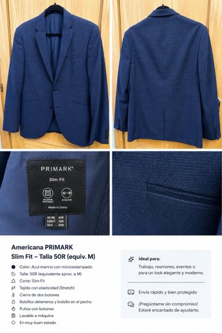 Giacca Americana Primark Slim Fit Taglia 50R Blu