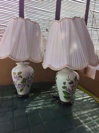 Pareja Lámparas Mesa Vintage Cerámica Flores