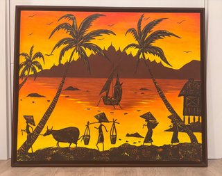 Cuadro al óleo paisaje tropical enmarcado